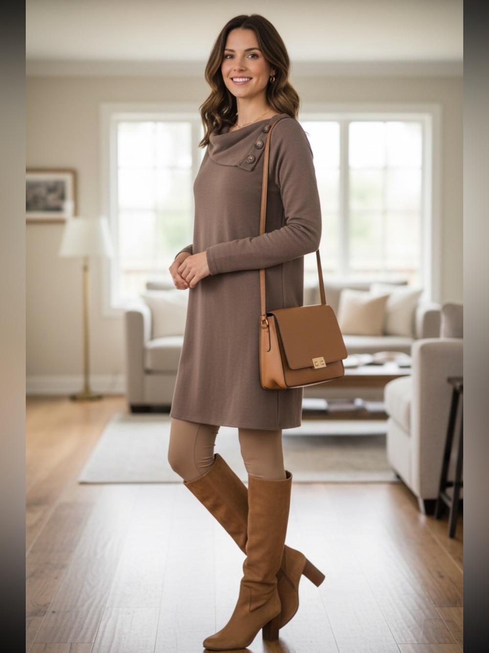 AGB Taupe Long-Sleeve Cowl-Neck Tunic Dress